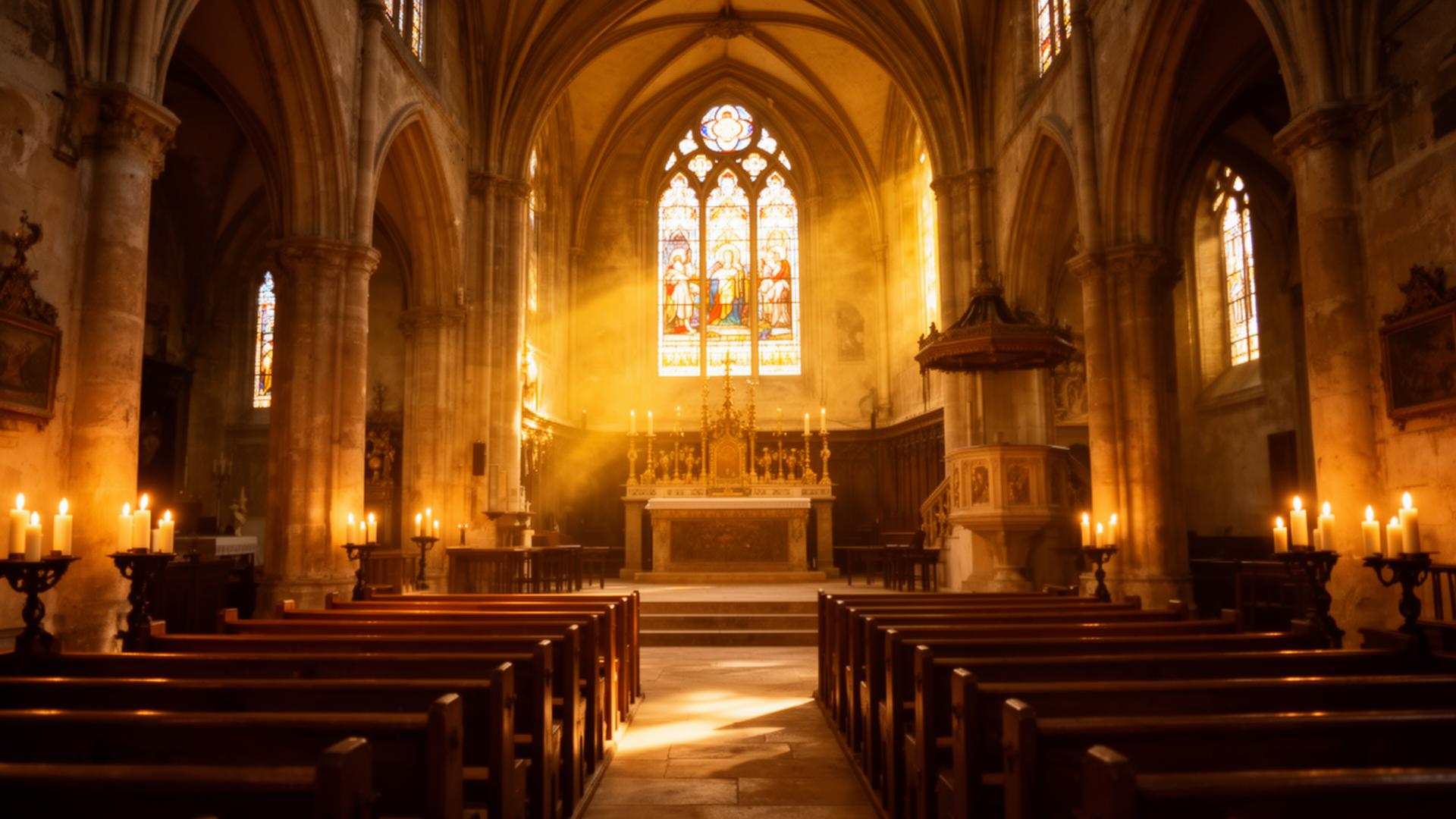 Lumière dorée traversant les vitraux d'une église
