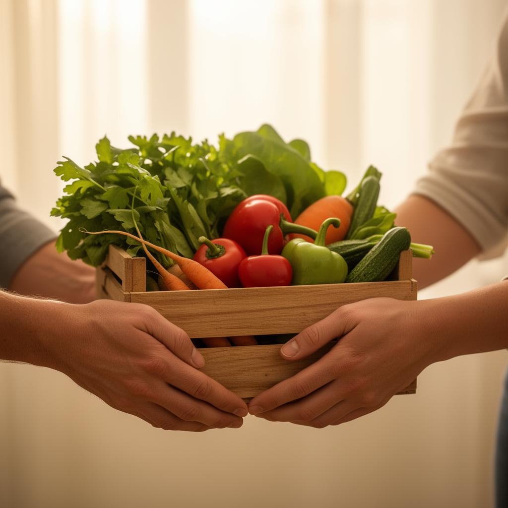 Mains tendant un cageot de légumes frais